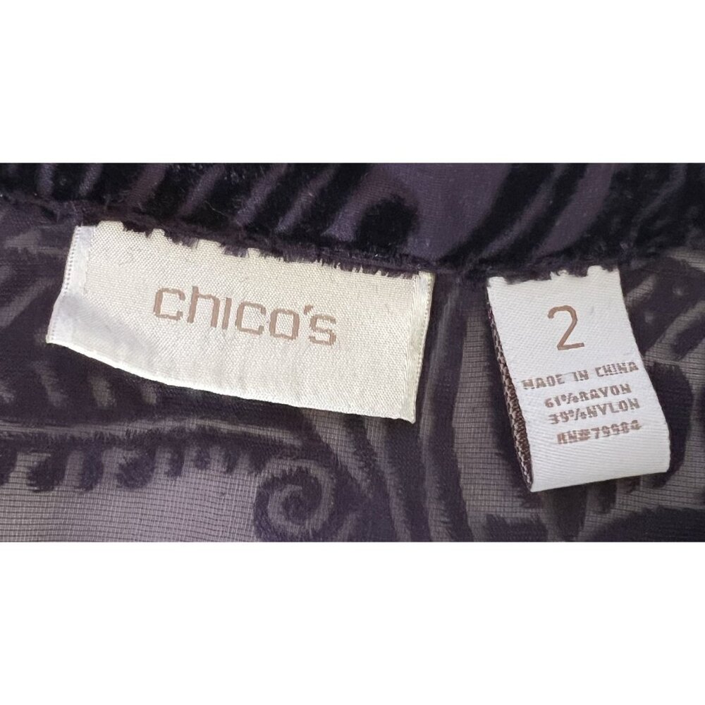 Chicos Womens Velvet Burnout Tunic Top Chicos Size 2 (L) Black Purple  VNeck - Picture 5 of 6